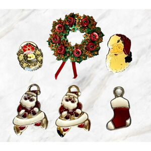 VTG x6 Christmas Jewelry Brooch Pin Charm Holiday Santa Enamel Costume Festive